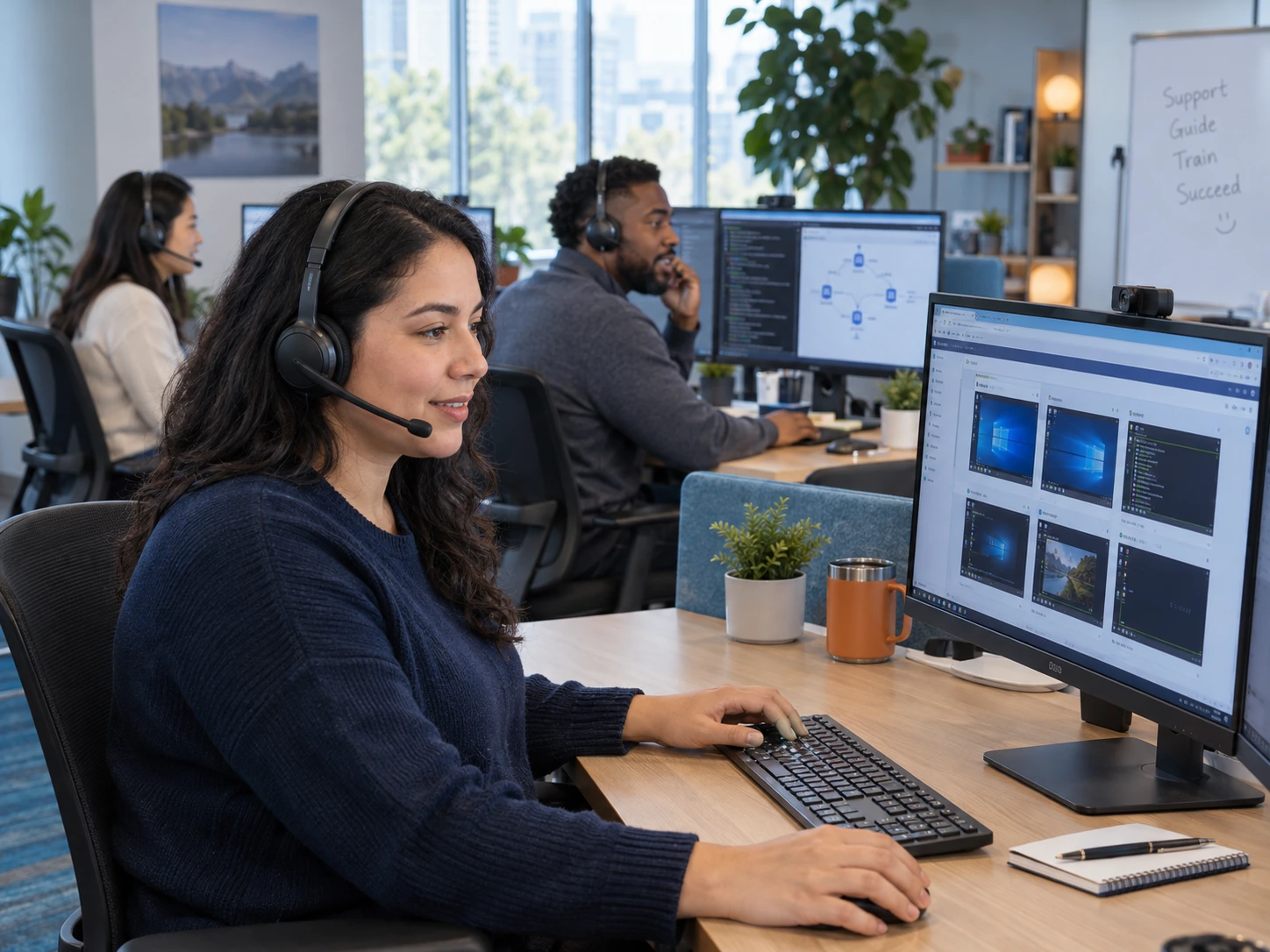 Support specialists using headsets to guide customers through browser-based technical labs.