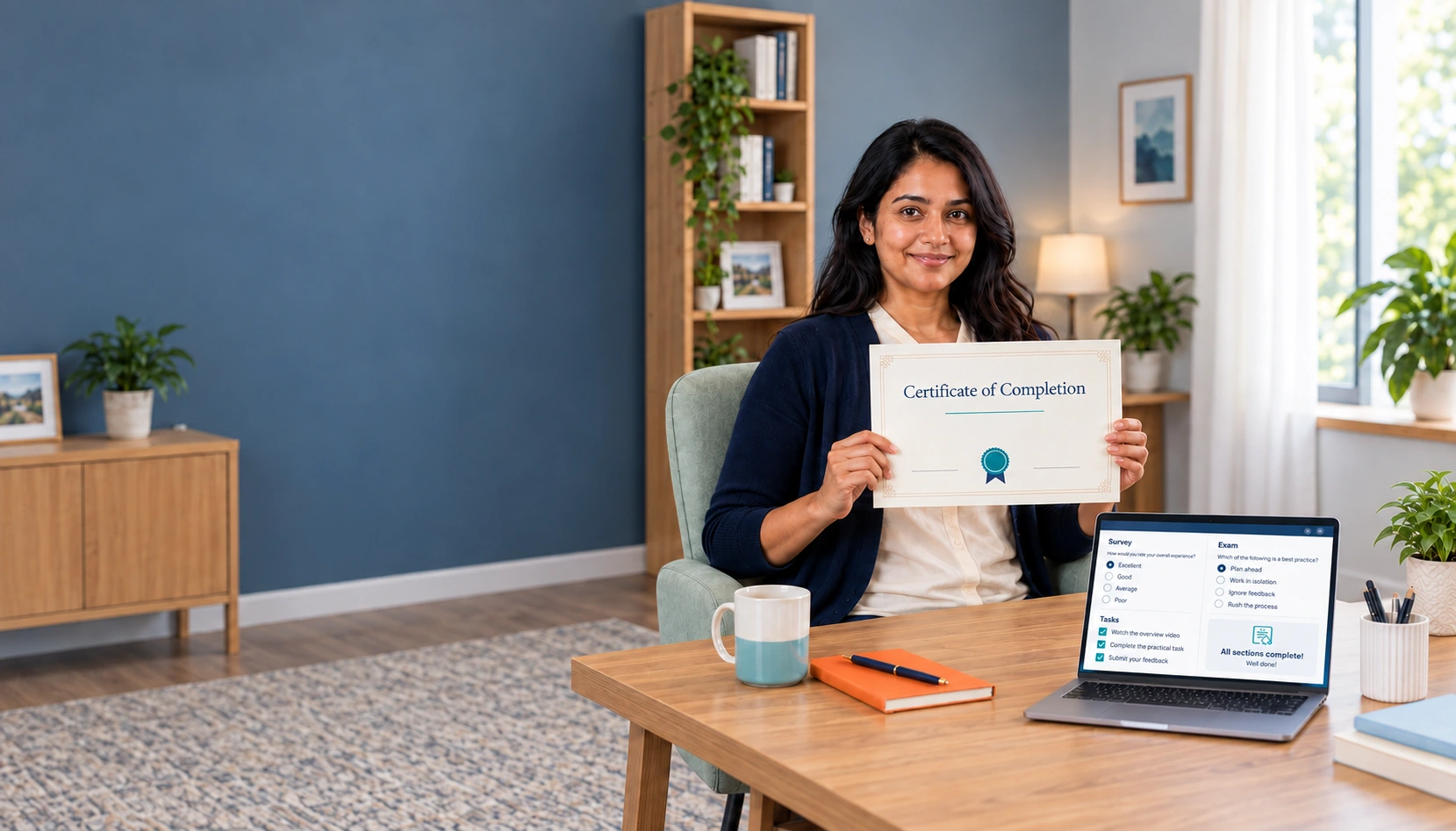 Learner holding a certificate beside a laptop with illustrative surveys, tasks and exams.
