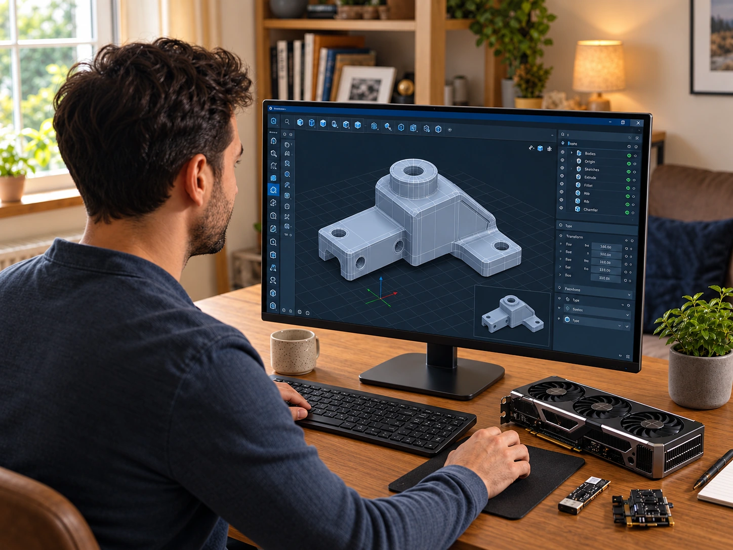 Illustrative learner practicing CAD software on his own computer at home.