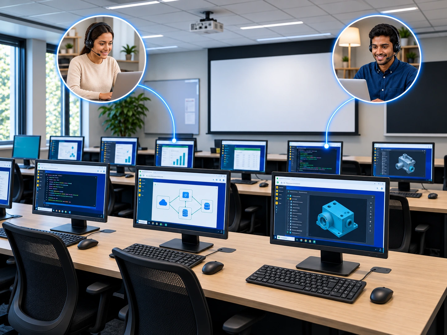 Illustrative in-house computer classroom with software labs and remote learners connected to the classroom computers.