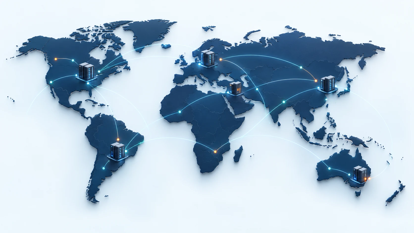 Conceptual world map connecting data-center icons and network points; locations are illustrative.