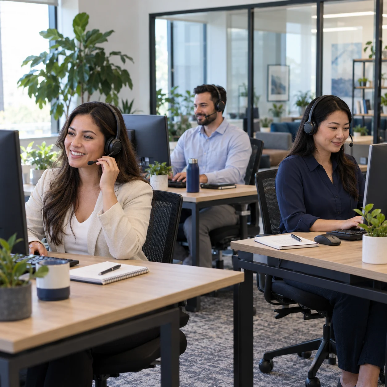 Illustrative technical support team wearing headsets and assisting users at computer desks in a professional office.