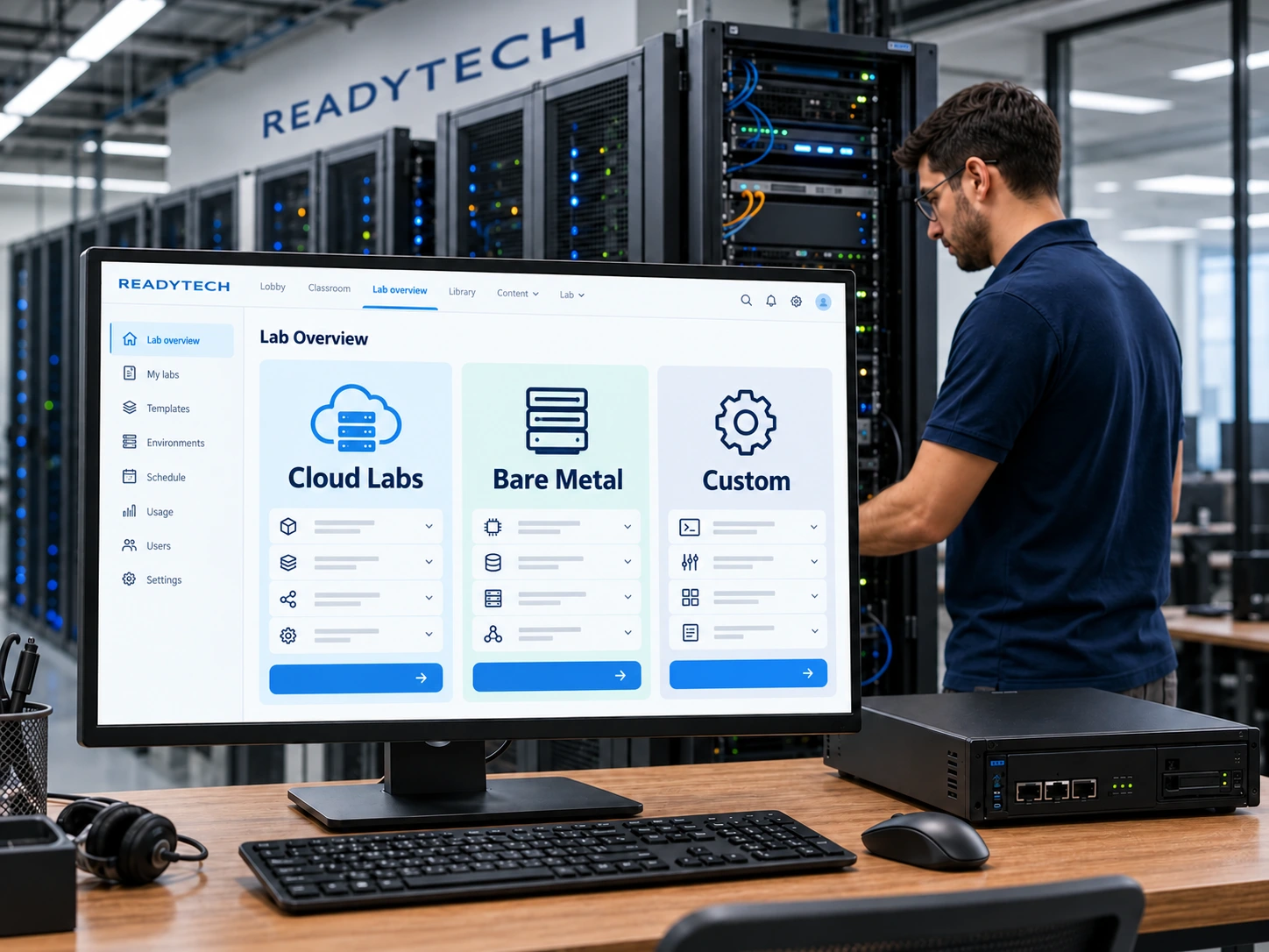 Illustrative ReadyTech data center with a technician and a monitor showing Cloud Labs, Bare Metal and Custom environment options.
