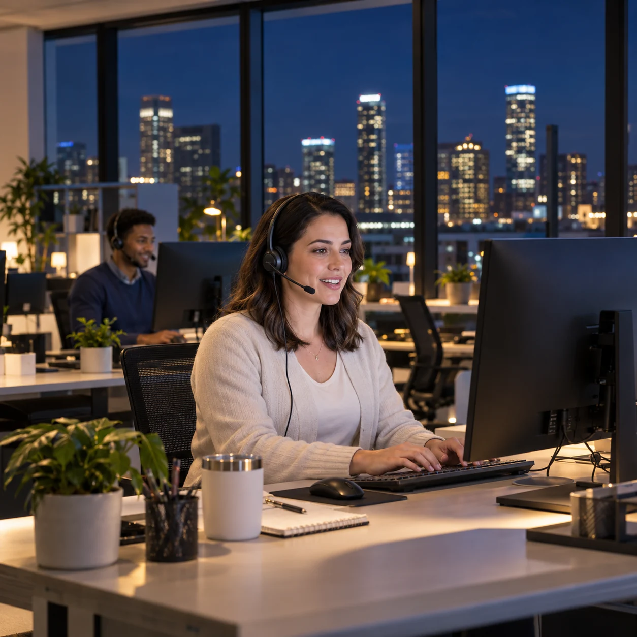 Illustrative support specialists wearing headsets and assisting users in a warmly lit office at night.