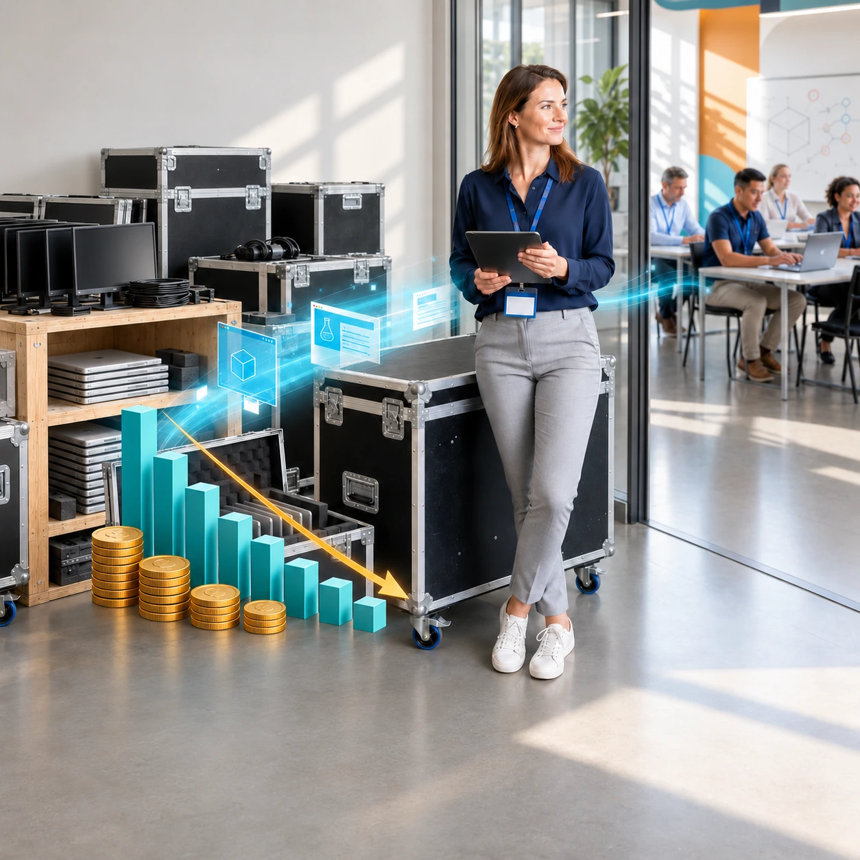 Training coordinator beside multiple flight cases, packed laptops and shipping equipment, with a fully visible declining-cost graphic.