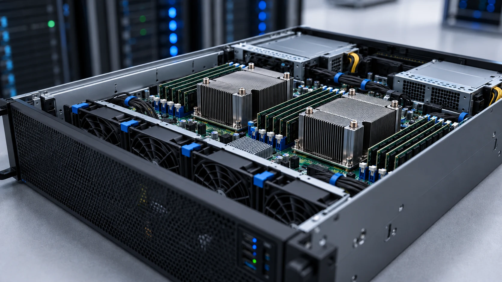 Illustrative dual-CPU server chassis with memory modules and cooling in a data center.