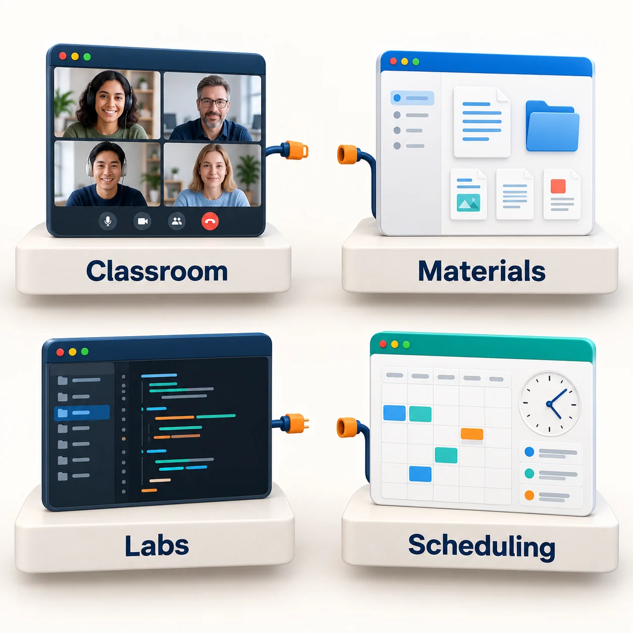 Four separate tools for classroom, materials, labs and scheduling, with unplugged connections between them.