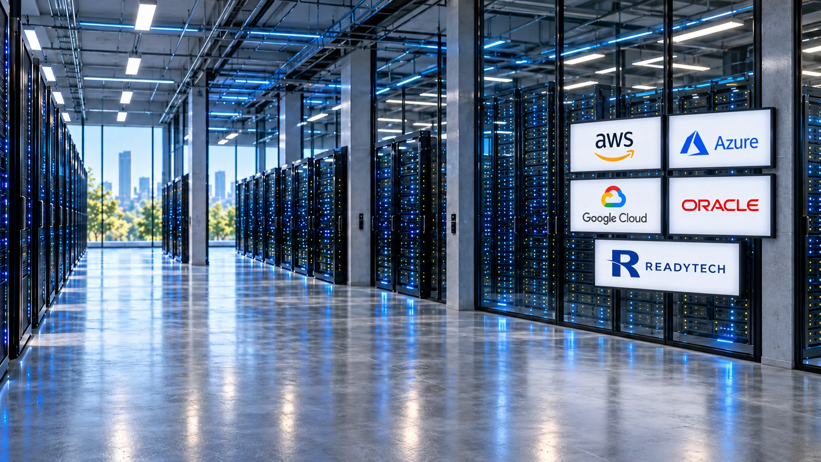 Illustrative data center with ReadyTech, AWS, Microsoft Azure, Google Cloud and Oracle signs.
