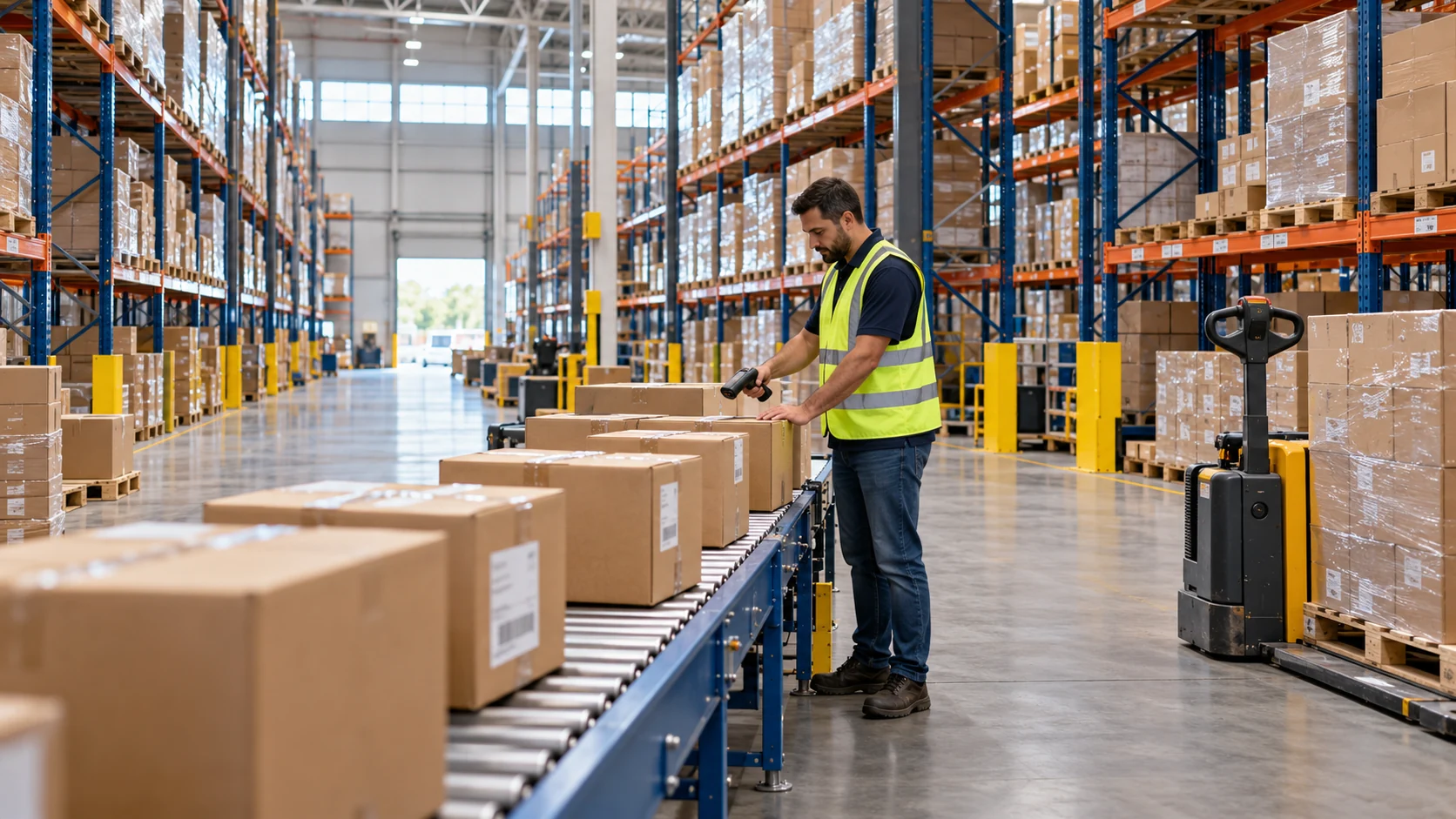 Illustrative distribution-center scene: a warehouse associate scans an outbound carton beside a shipping conveyor.