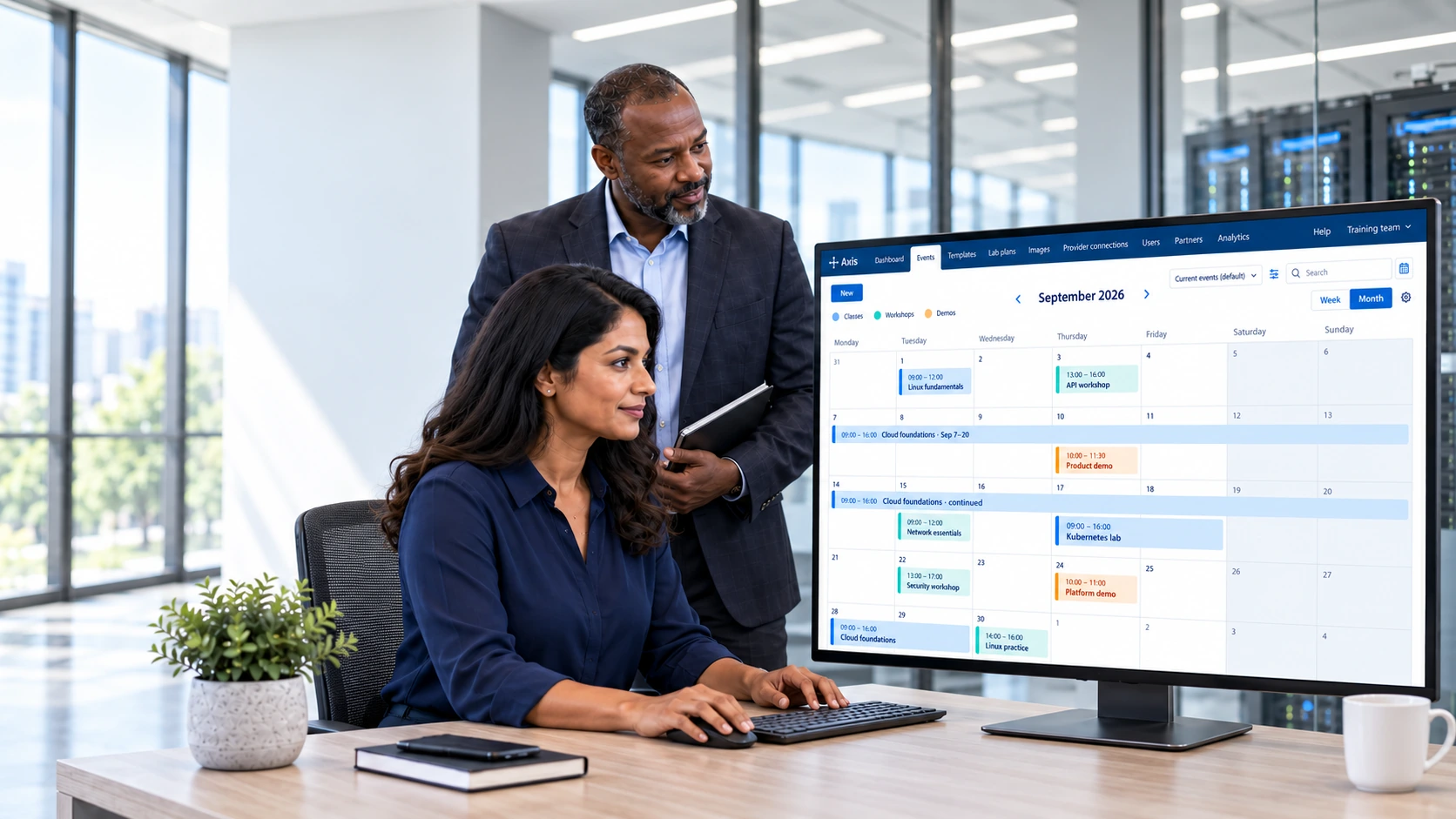 Training colleagues using the Axis lab scheduler on a desktop monitor.