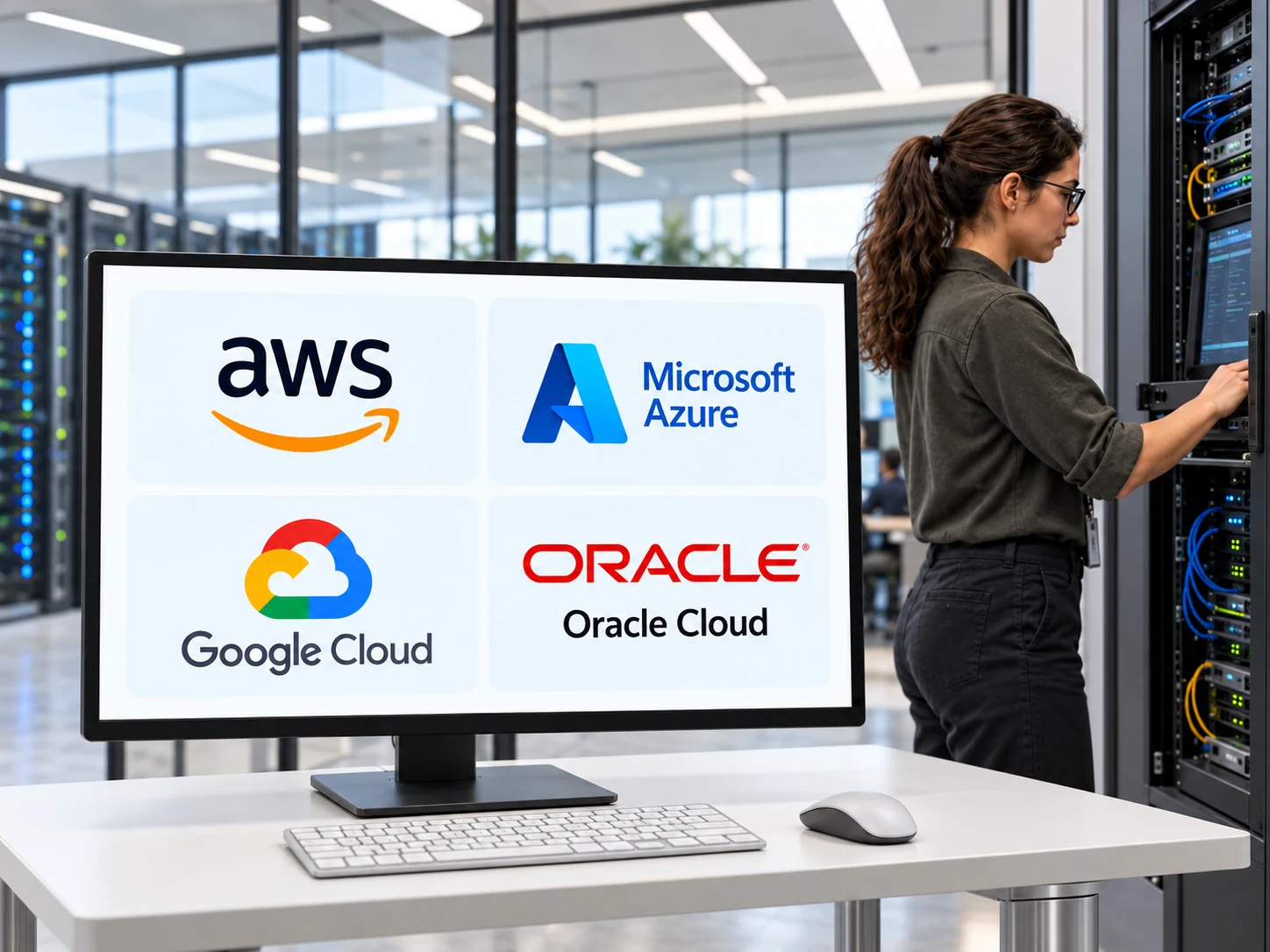 Illustrative cloud operations room with a white standing workstation, a cloud engineer, and a monitor showing AWS, Microsoft Azure, Google Cloud and Oracle Cloud logos.