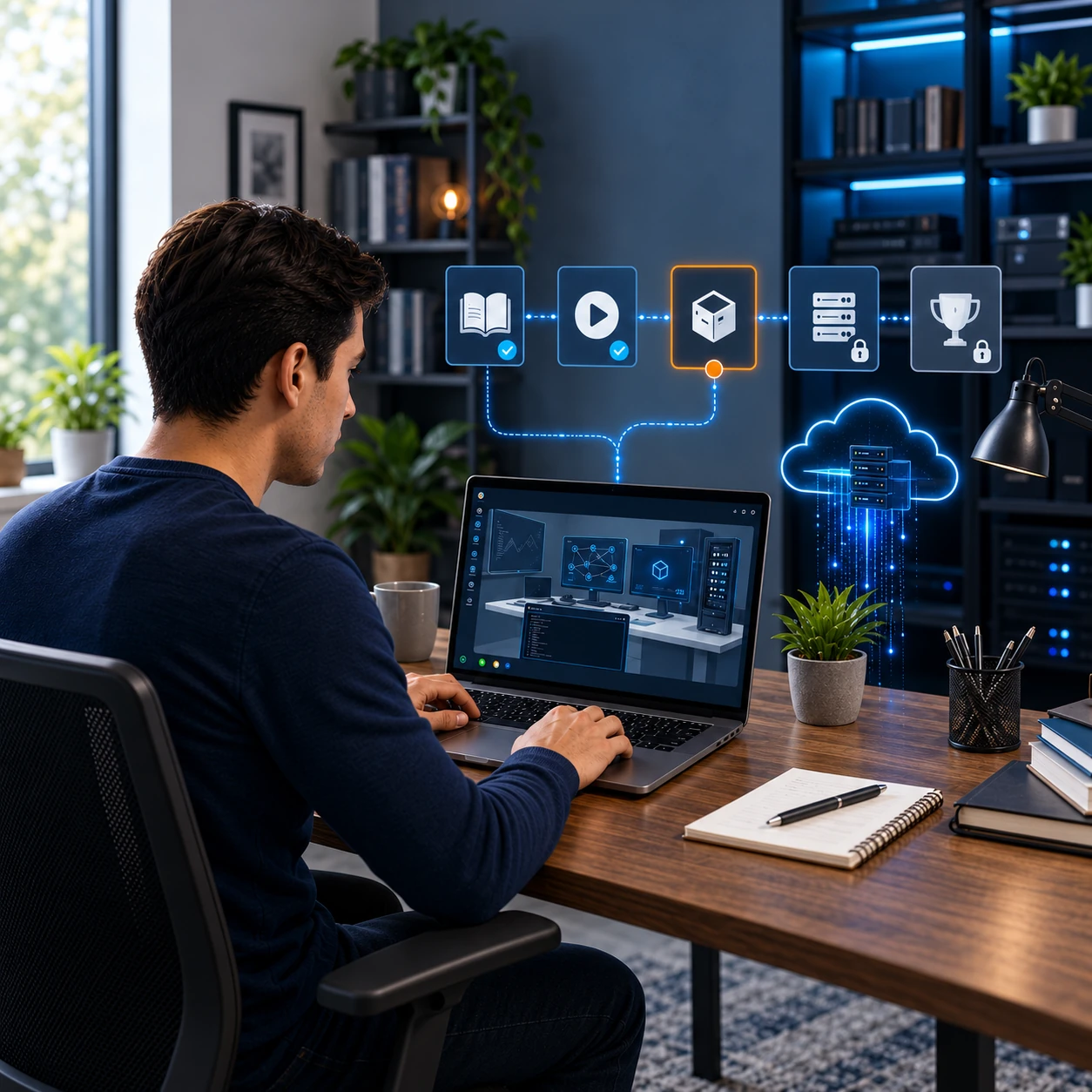 Independent learner without a headset practicing in a laptop lab beside a visual course progression and cloud-lab graphics.