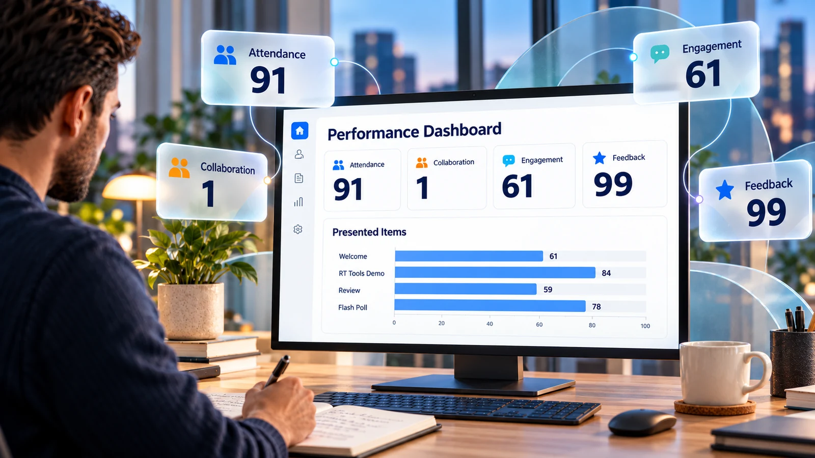 Illustrative training analytics dashboard showing attendance, collaboration, engagement and feedback, with an instructor taking notes.