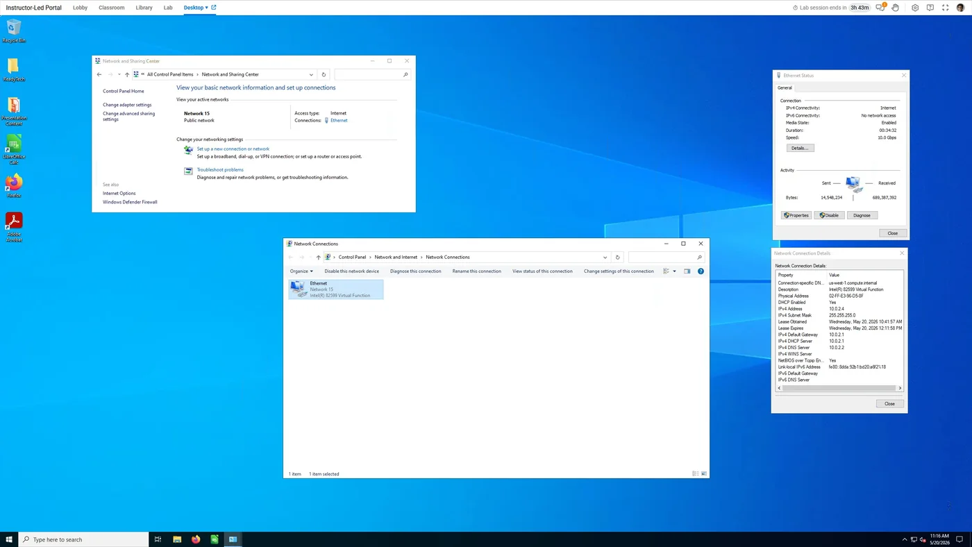 ReadyTech learner desktop with a network configuration issue. Instructors can take mouse control and help.