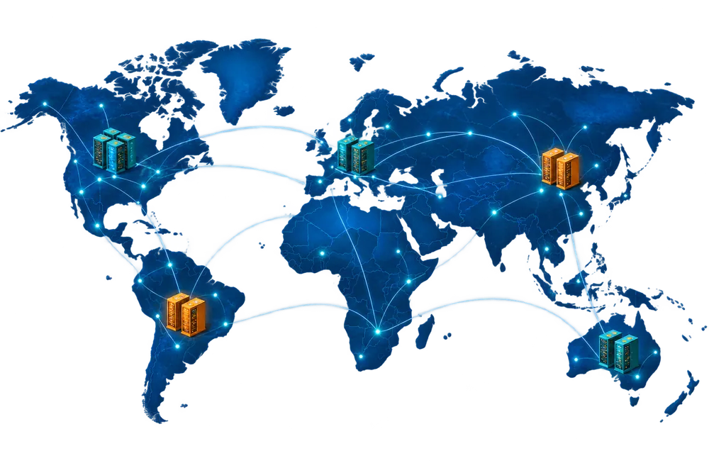 Blue world map with detailed teal and orange server racks and network connections illustrating global training delivery. Locations are conceptual.
