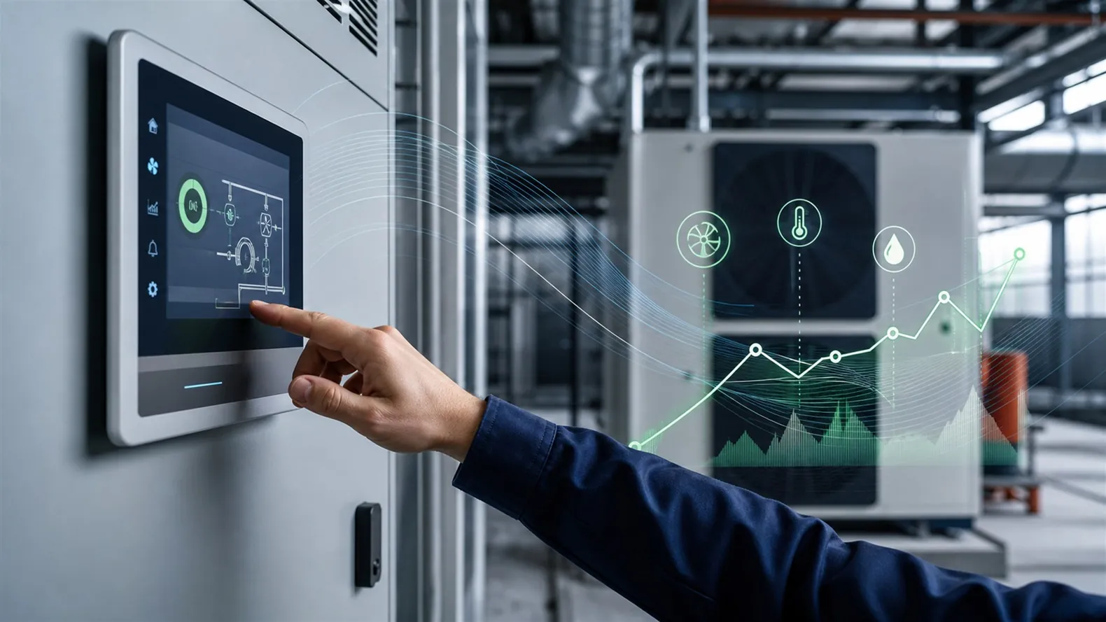 Illustrative building automation scene with HVAC equipment and a control display.