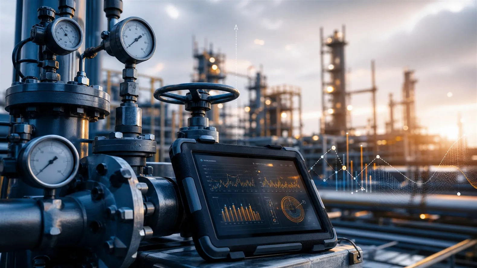 Illustrative energy facility with a tablet showing training progress.