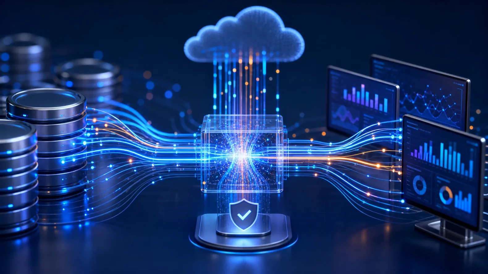 Illustration of secure cloud data integration flowing to analytics dashboards.
