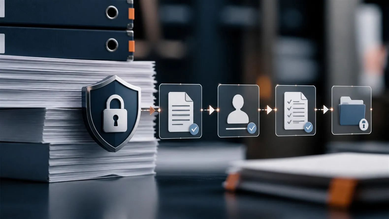 Illustrative enterprise content management workspace with documents on screen.