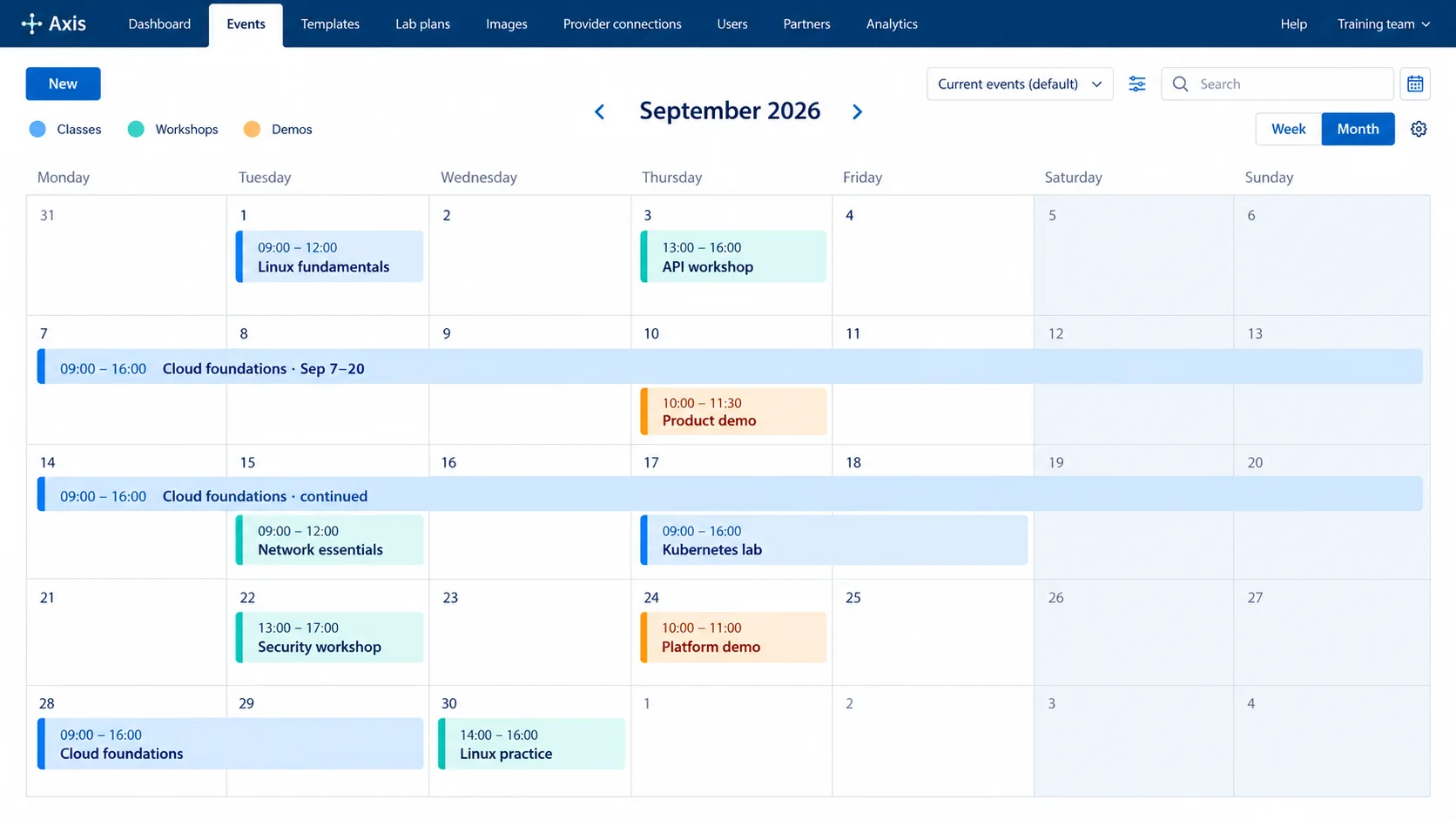 Illustrative Axis month calendar showing a two-week class from September 7 through 20 alongside shorter classes, workshops and demos, based on the ReadyTech scheduling interface.