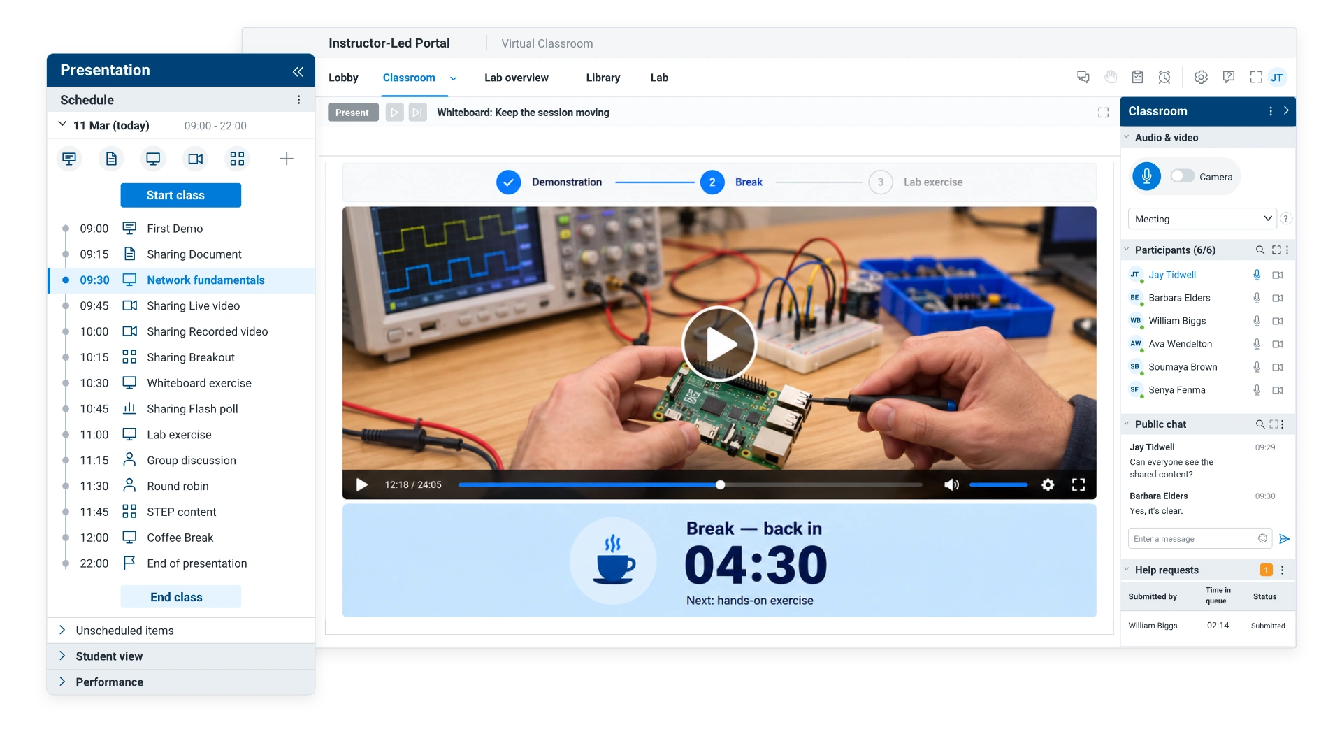 ReadyTech classroom recorded demonstration and break countdown before the next hands-on exercise.