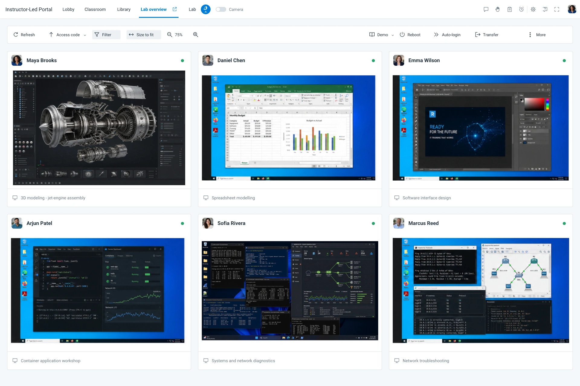 Illustrative ReadyTech Lab Overview showing six equal learner lab views for 3D modelling, spreadsheet work, interface design, coding, systems diagnostics and network troubleshooting.