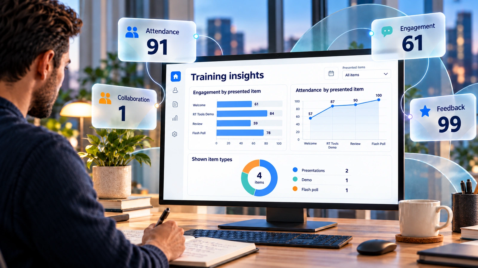 Illustrative instructor taking notes while reviewing training insights on a monitor, with attendance, collaboration, engagement and feedback callouts. Example class data.