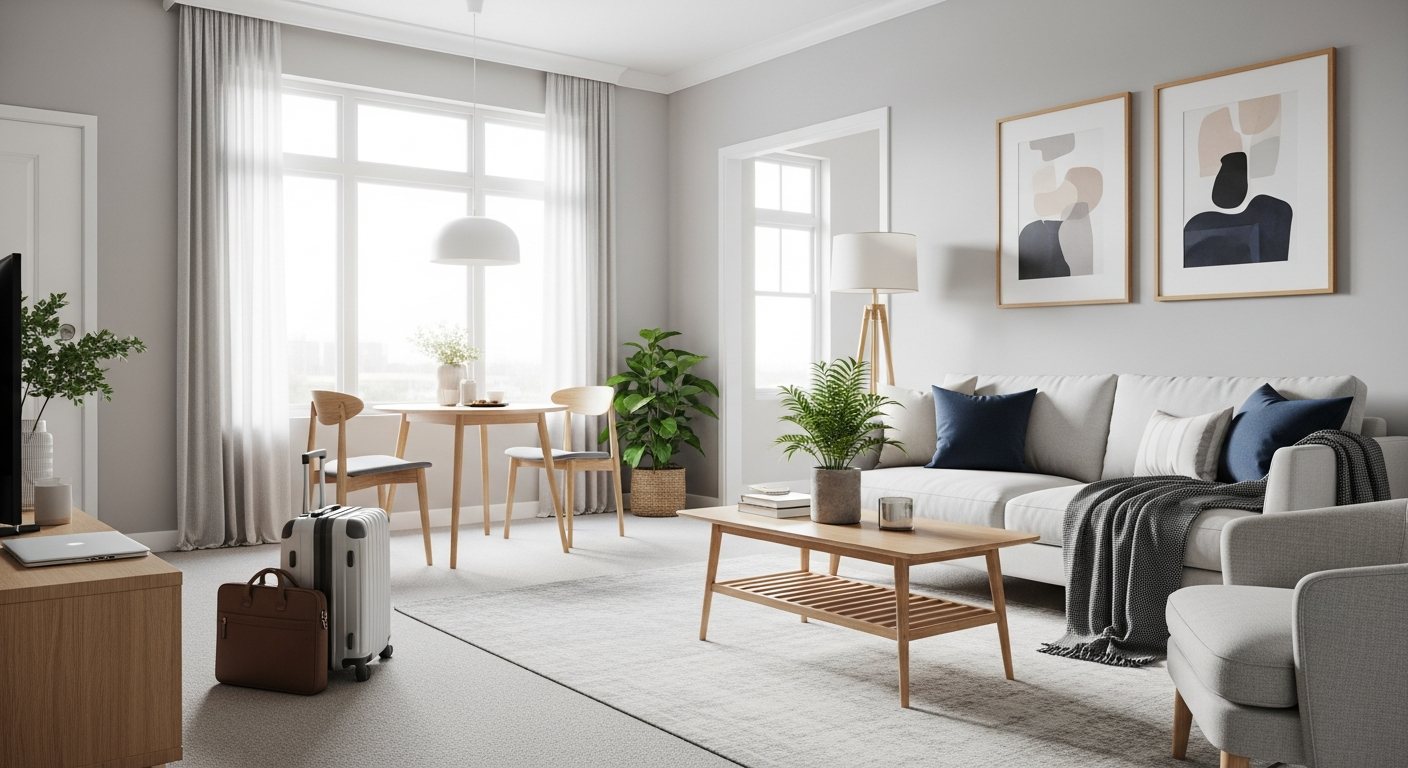 A bright, move-in-ready furnished mid-term rental living room