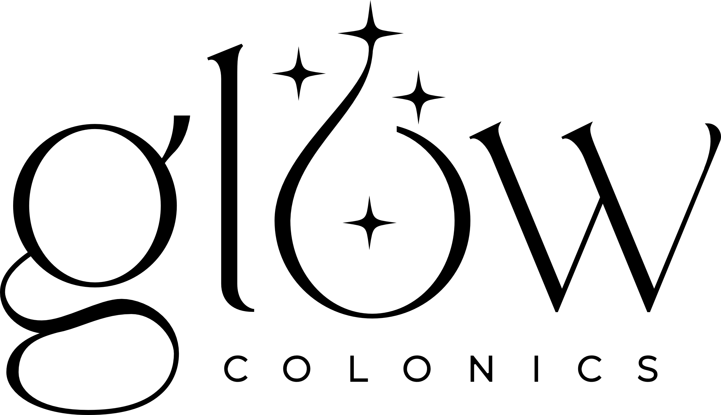 Glow Colonics logo with the word glow stylized with sparkling stars above the letter o.
