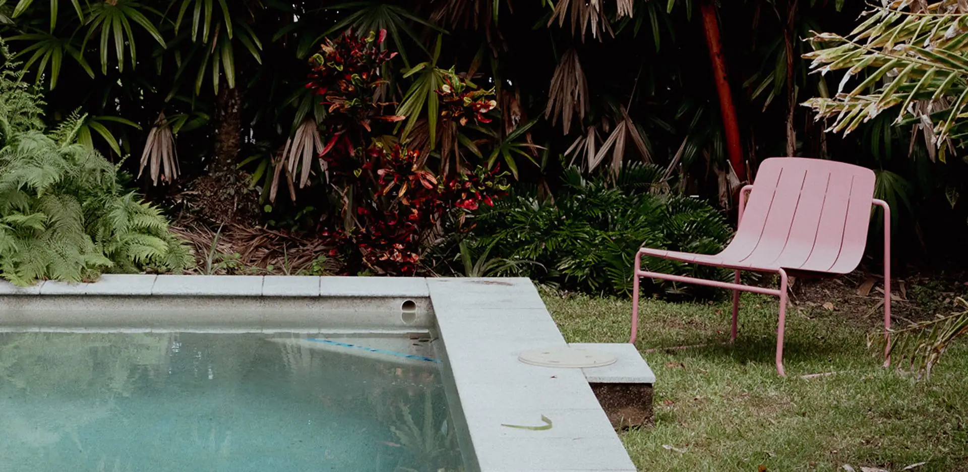 Private outdoor pool area surrounded by lush tropical gardens at Glow Colonics wellness studio