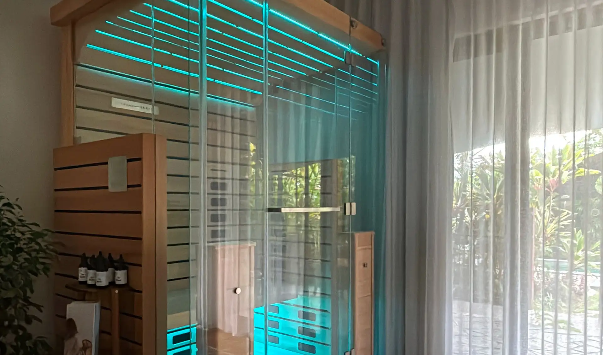 Soft palm leaf shadow on a neutral wall creating a calming wellness atmosphere
