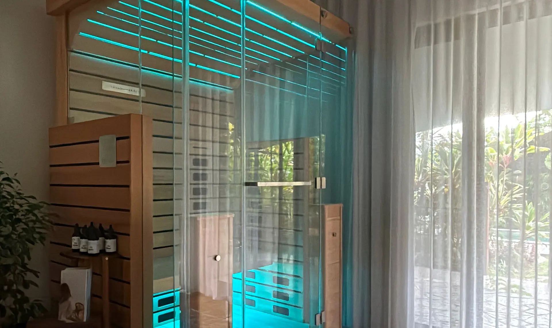 Soft palm leaf shadow on a neutral wall creating a calming wellness atmosphere