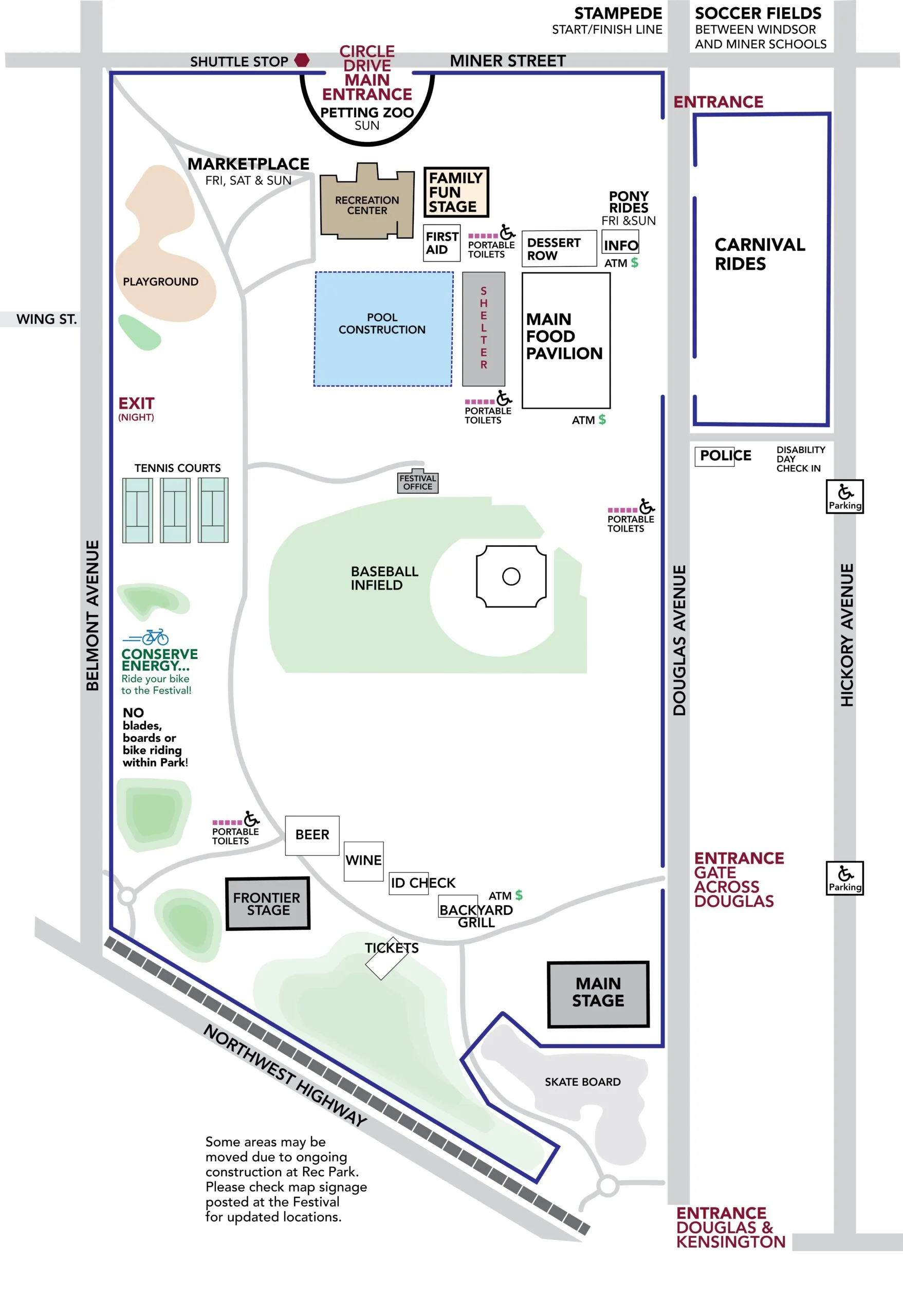 Detailed site map of the Free Festival Grounds showing key locations and layout. Features include Circle Drive Main Entrance with Petting Zoo, Marketplace (Fri-Sat-Sun), Recreation Center, Family Fun Stage, Main Food Pavilion, Dessert Row, Frontier Stage, Main Stage, carnival rides, pony rides, baseball infield, tennis courts, pool construction area, shuttle stop, ticket booth, beer and wine garden with ID check, first aid, info booth, ATMs, portable toilets, and parking. Streets labeled include Miner Street, Belmont Avenue, Douglas Avenue, Hickory Avenue, and Northwest Highway. Notes accessibility options, bike riding rules, ongoing construction changes at Rec Park, and to check posted signage for updates.