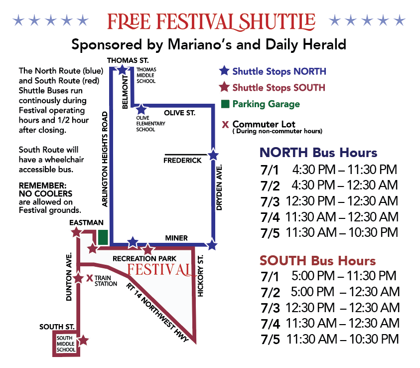 Detailed map of the Free Festival Shuttle routes sponsored by Mariano's and Daily Herald. Blue North Route and red South Route show continuous shuttle stops (blue stars north, red stars south), parking garage, commuter lot, and key locations including Thomas Middle School, Olive Elementary School, Recreation Park Festival area, train station, and surrounding streets. Includes North and South bus operating hours for July 1–5, wheelchair accessibility note for South Route, and reminder that no coolers are allowed on festival grounds.