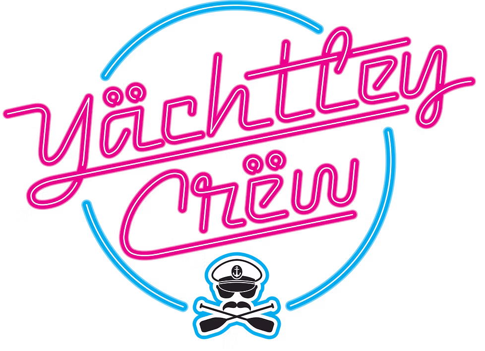 Neon-style pink text saying Yachtley Crew with blue circular border and captain skull icon below
