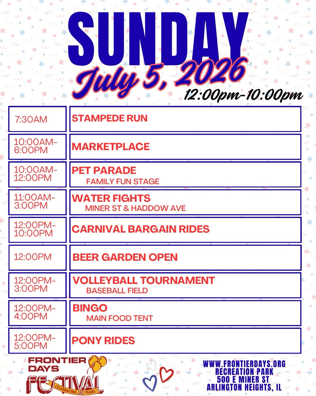 Sunday July 5, 2026 schedule lists events from 7:30AM to 5:00PM at Frontier Days Festival.