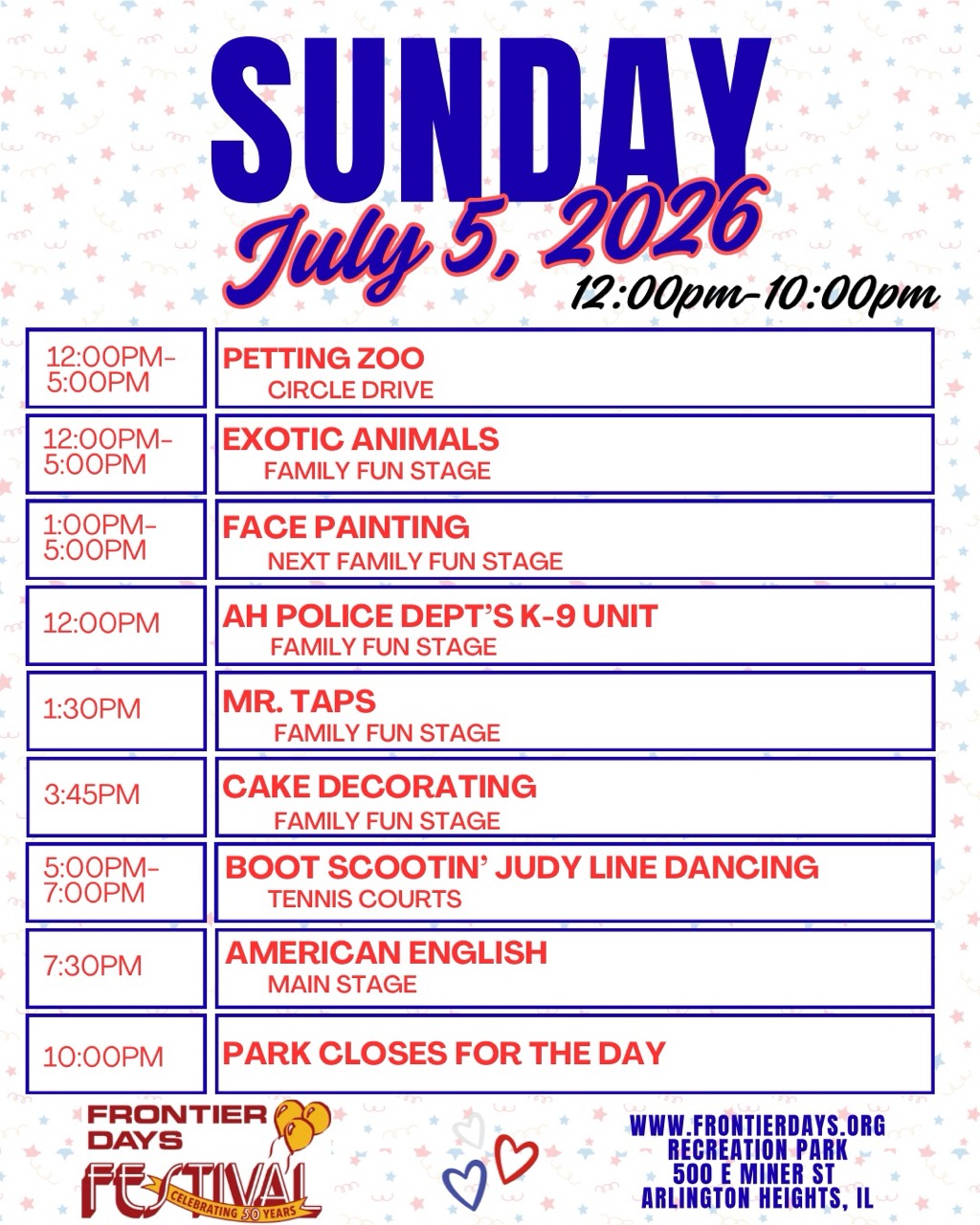 Sunday July 5, 2026 schedule from 12pm to 10pm with events like petting zoo, face painting, and line dancing.