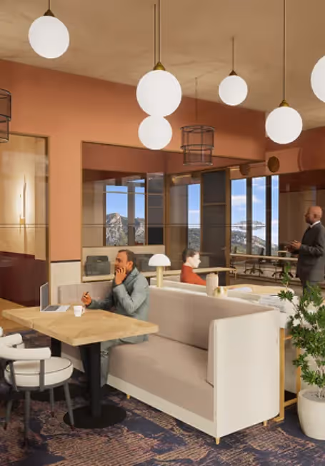 Espace de coworking lumineux avec vue sur les montagnes de l'appart'hôtel Ysotop à Grenoble.