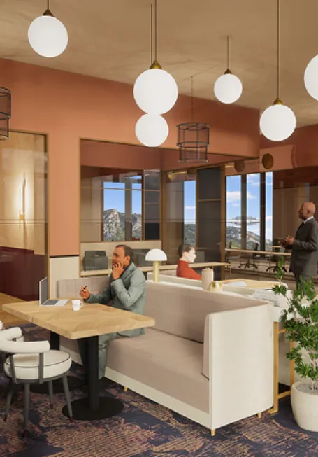 Espace de coworking lumineux avec vue sur les montagnes de l'appart'hôtel Ysotop à Grenoble.