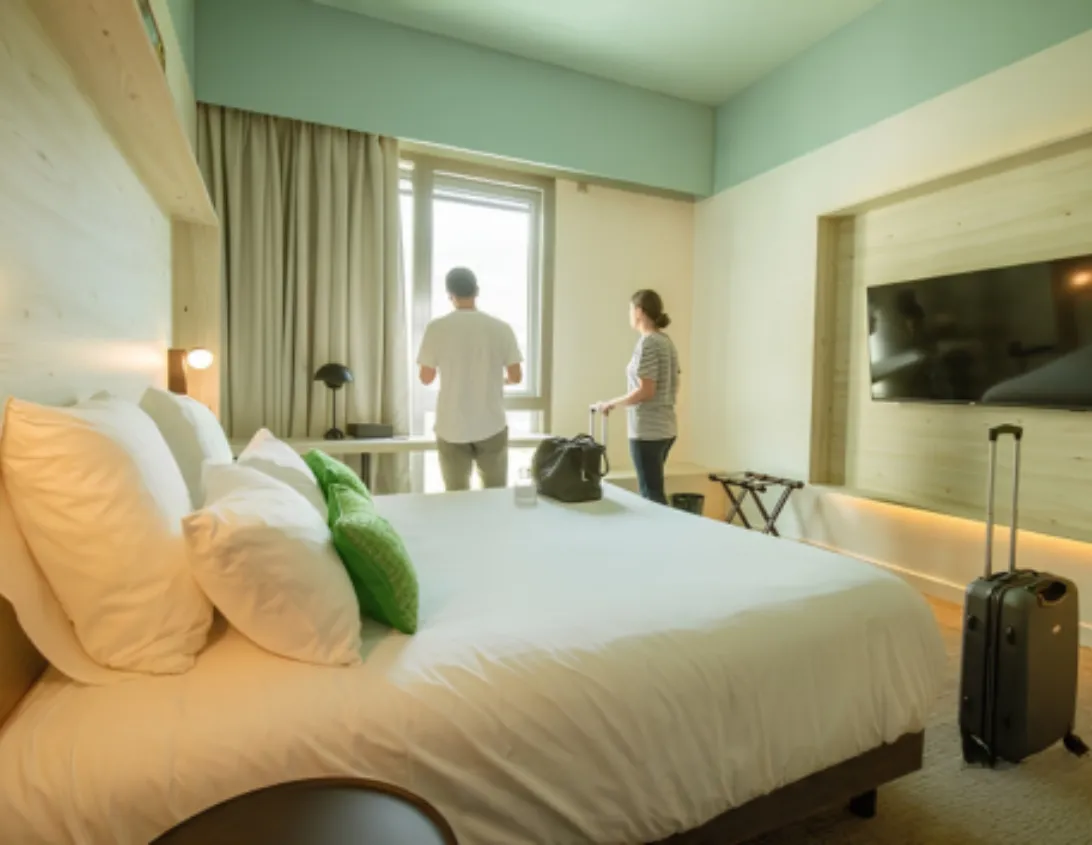Couple découvrant la chambre classique lumineuse avec TV et grand lit de l'hôtel Ysotop à Grenoble.