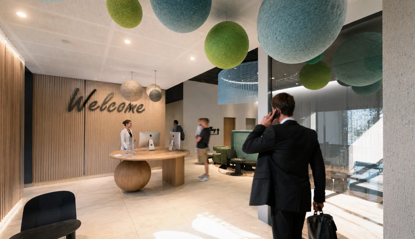 Accueil de l'hôtel 4 étoiles Ysotop à Grenoble avec son inscription Welcome et son desk en bois sculpté.