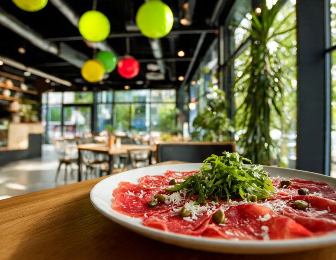 Beef carpaccio with capers and parmesan in the plant-filled room of the Italian restaurant Ysotop in Grenoble.