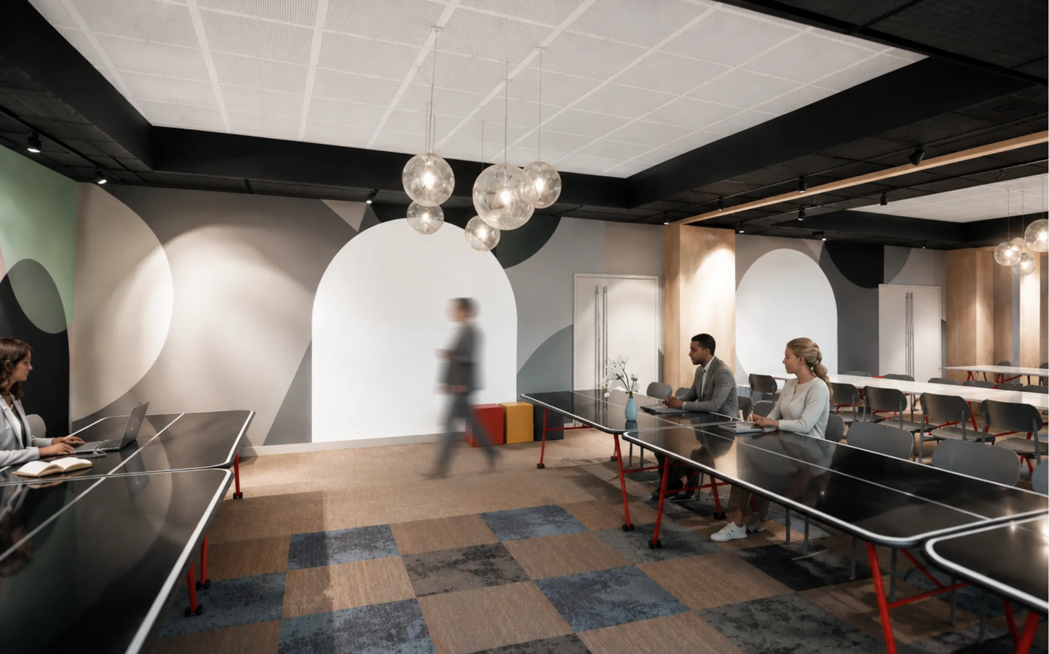 Salle Proton en configuration sous-commission avec mobilier modulable et décor en arches à l'hôtel Ysotop Grenoble.