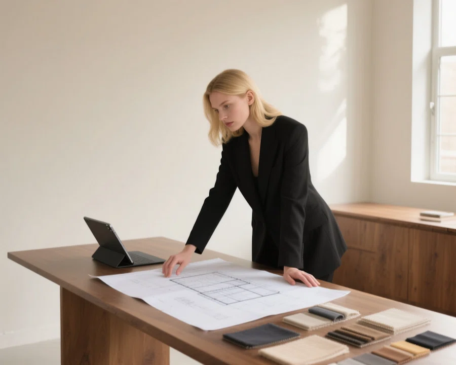 a blonde girl architect working on project