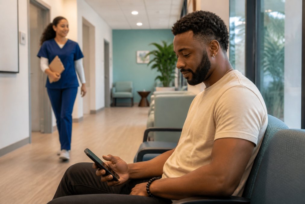A person sitting calmly in a modern clinic waiting room, looking at a smartphone, with a friendly healthcare professional walking by in the background