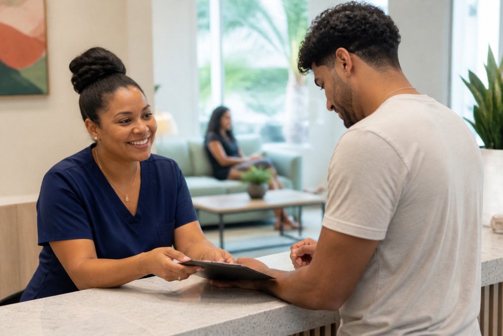 A friendly bilingual clinic staff member at a bright reception desk in a Miami health clinic, welcoming a young adult patient checking in on a tablet, calm private waiting area visible behind them