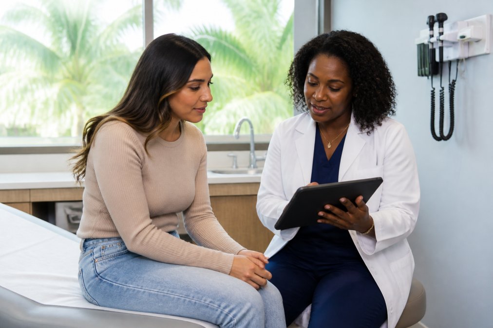 A friendly healthcare provider talking with a patient in a bright, modern clinic exam room, both seated and looking at a tablet together