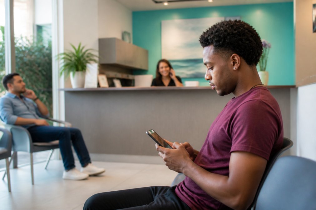 Patient checking a PrEP injection clinic address on a phone in a modern waiting room with a receptionist.