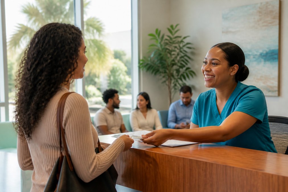 Patient checking in at a modern medical clinic reception desk with a friendly bilingual staff member greeting them in a bright, welcoming environment with natural lighting
