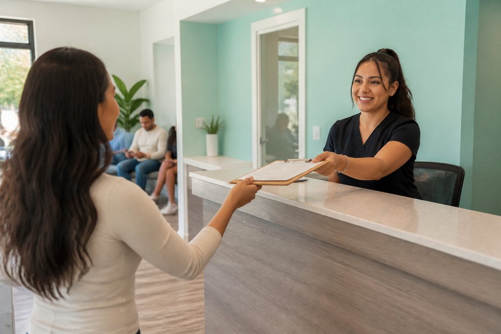 Bilingual receptionist handing a clipboard to a patient at a clinic for pruebas de ETS in South Florida